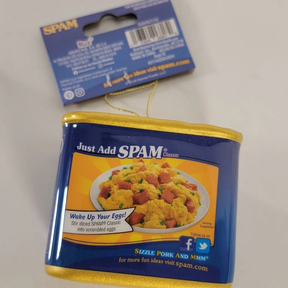 Spam Ornament, 4 inches Tall, Faux Food, Decoupage,‎ Plastic, Blue, Novelty